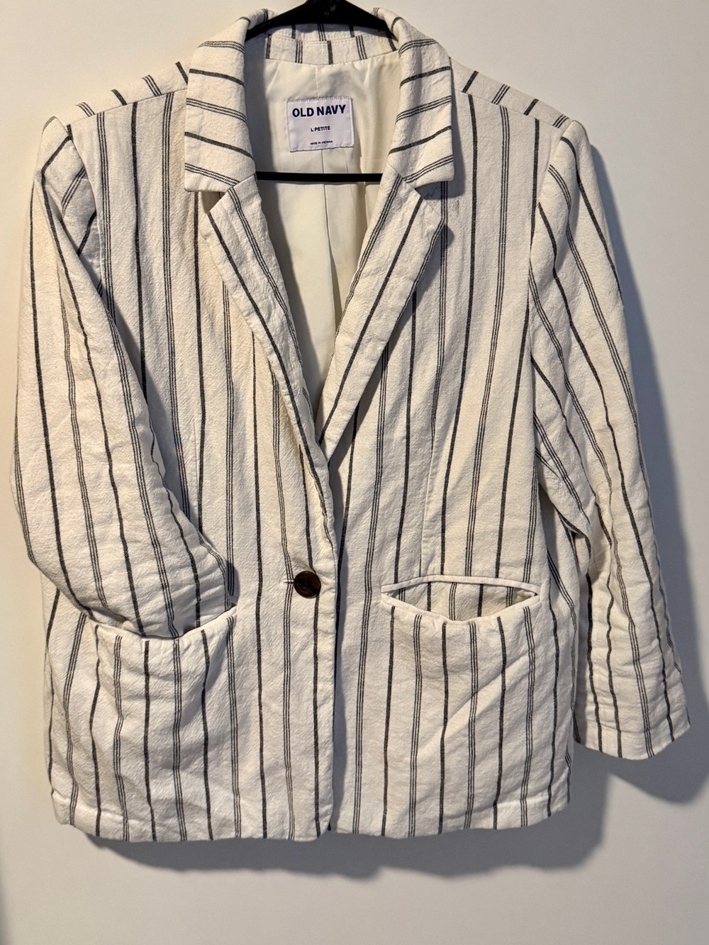 Old Navy Petite Linen White Blazer with Black Pinstripes